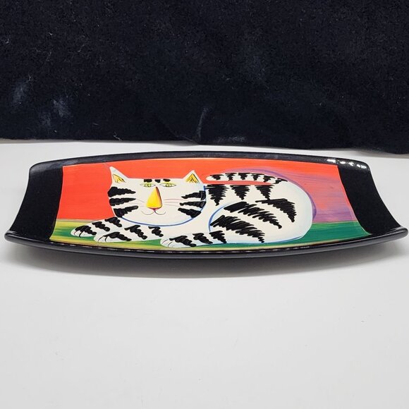 Naylor Designs Ceramic Cat Hanging Plate Black Background Colorful 2005 VTG - Picture 7 of 13